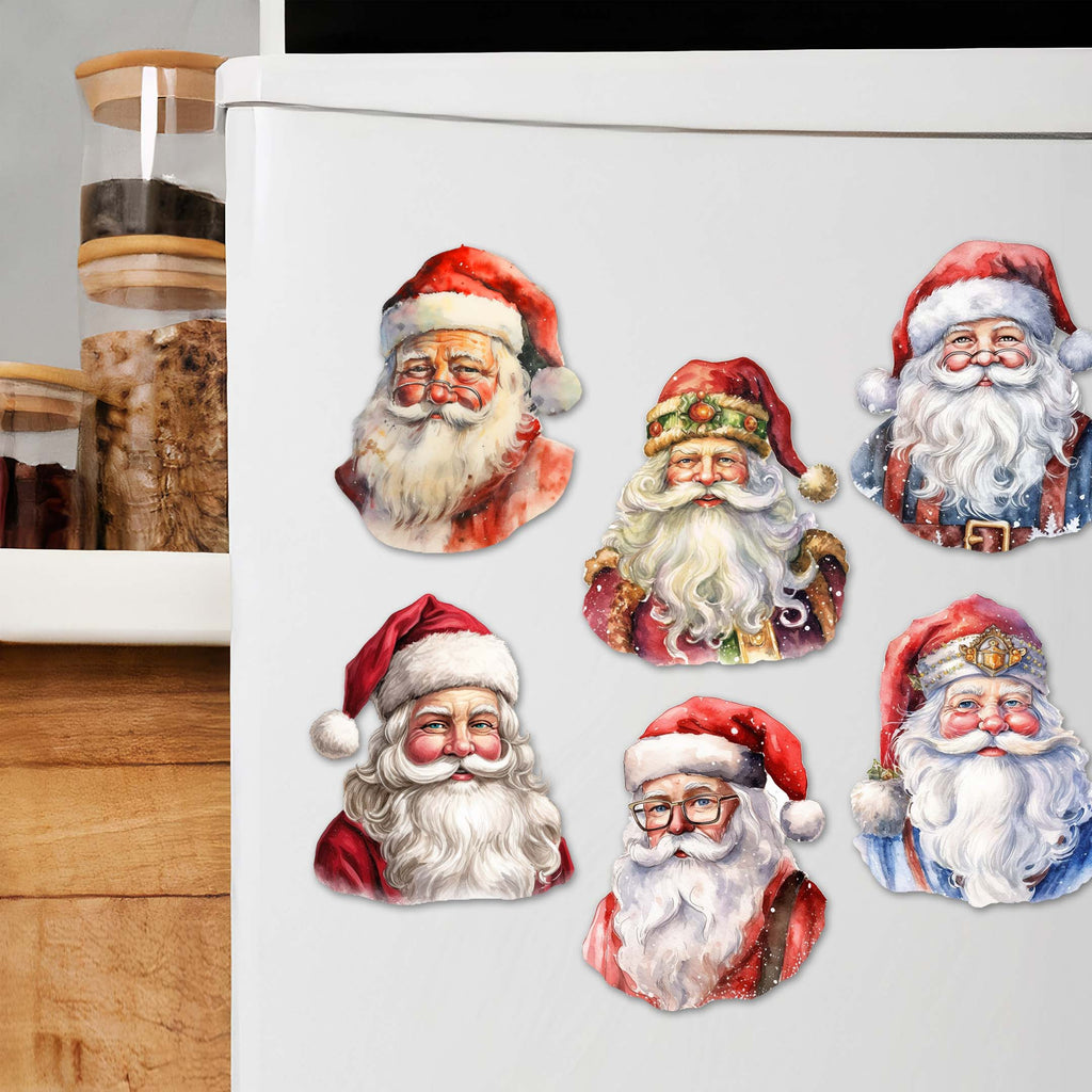 a refrigerator with a bunch of santa claus stickers on it