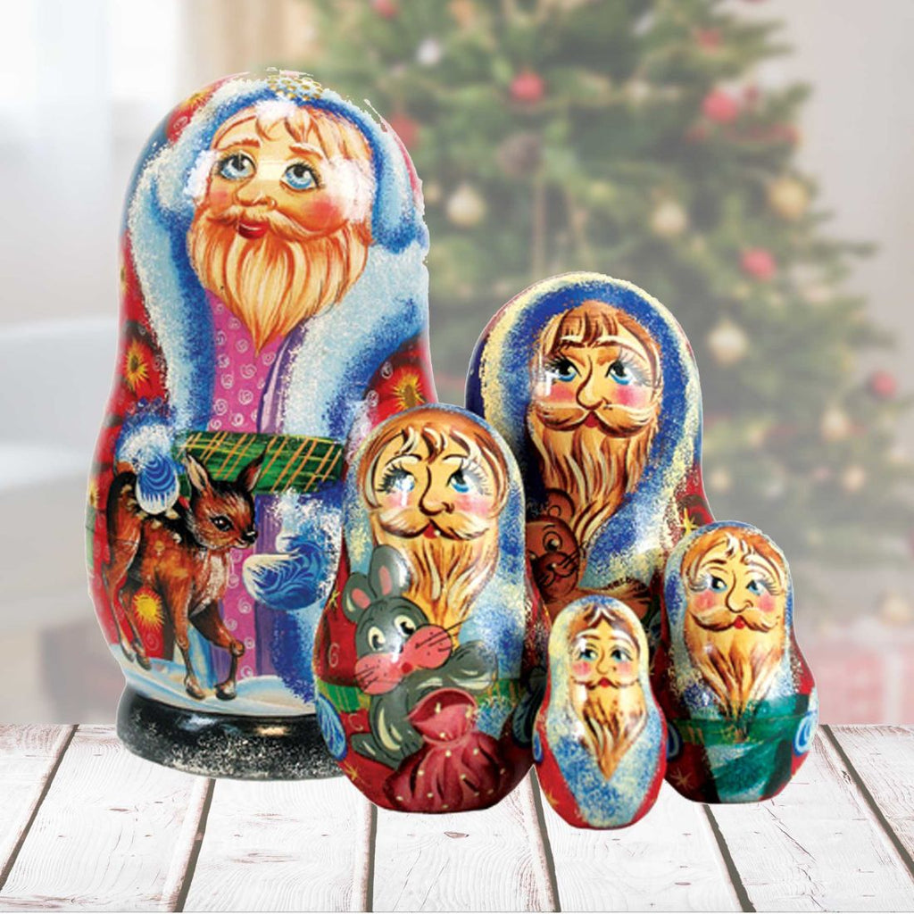 Santa Reindeer Friend Matreshka Nesting Hand-Painted Doll Set of 5 by G. DeBrekht - Christmas Santa Snowman Decor - 110072