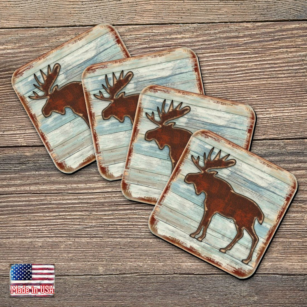 Moose Wooden Cork Coasters Gift Set of 4 by Nature Wonders - Nature Wildlife Decor - 8198222-9C-S4