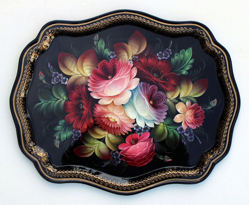 One-of-a-Kind Authentic Zhostovo Hand-Painted Metal Tray by Olga Koshkina 18x145 Functional Kitchenware for Table and Unique Wall Decor