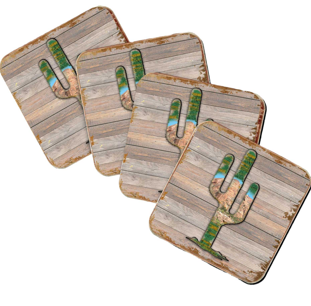 a collection of square coasters with a wooden texture and a cactus design.