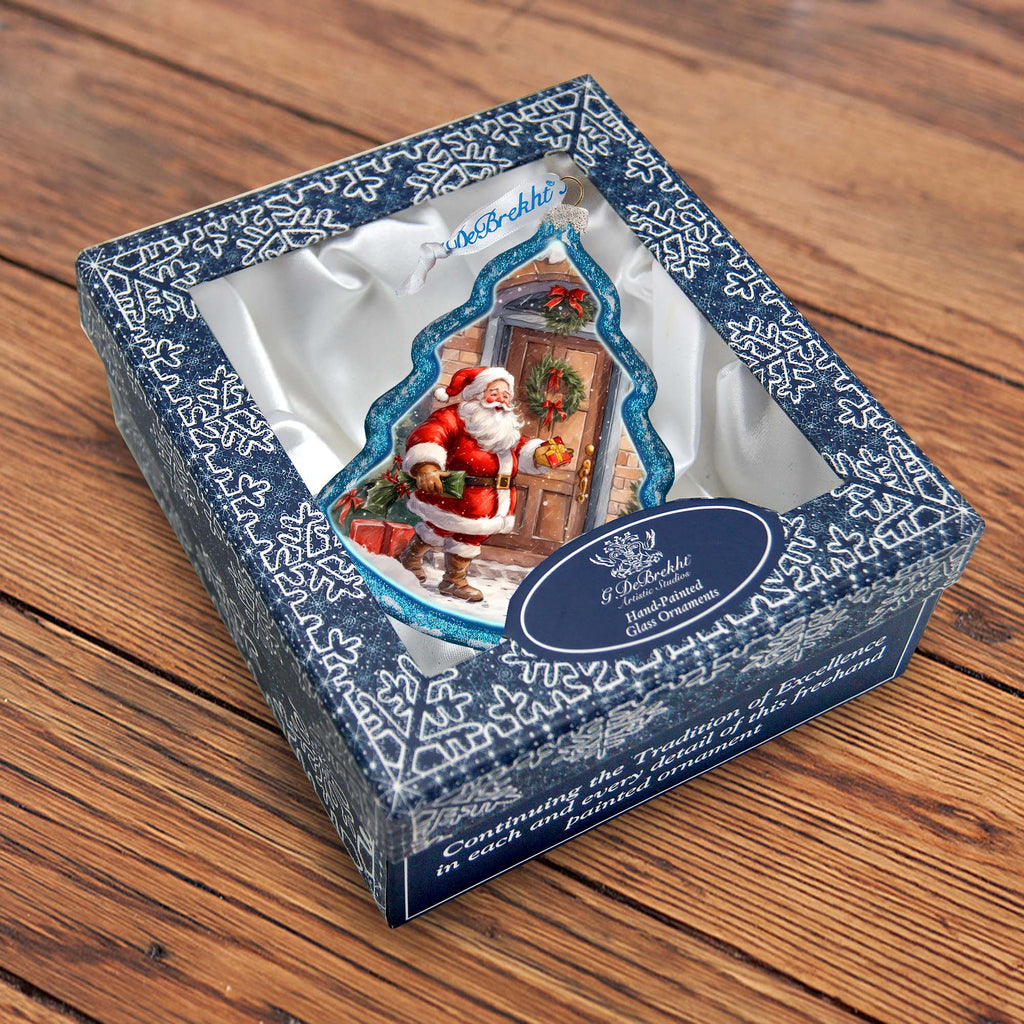 Santa Knocking at the Door Tree Glass Ornament by G. Debrekht - Christmas Santa Snowman Decor - 762-030