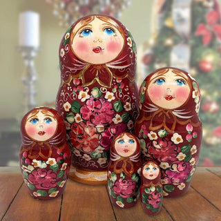 Dark Red Floral Matreshka Nesting Hand-Painted Dolls Set of 5 by G. DeBrekht - Christmas Decor - 140140-5