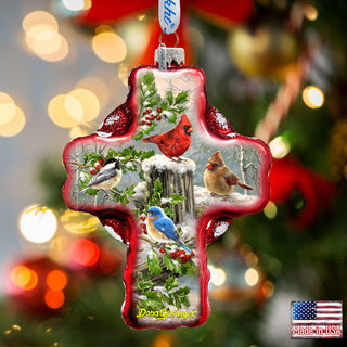 Winter Cardinals Cross Glass Ornament by D. Gelsinger - Nativity Holiday Decor - 758-010-DG