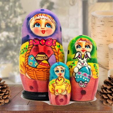 Basket Matreshka Nesting Hand-Painted Doll Set of 3 by G. DeBrekht - Easter Spring Decor - 14737