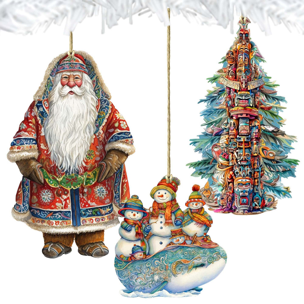 Santas Around the World - Alaskan Inspired Santa - Eco Wood Ornaments Set of 3 by G. DeBrekht Christmas Santa Snowman Decor - 8091314S3