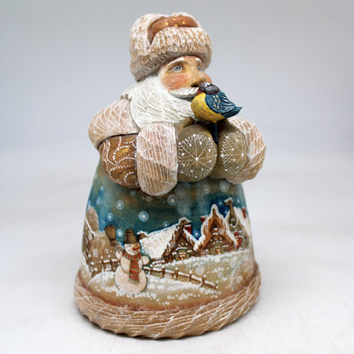 One-of-a-Kind Winter Village Santa with Bird WOODCARVED Figurine 6.5x4.5x4.5