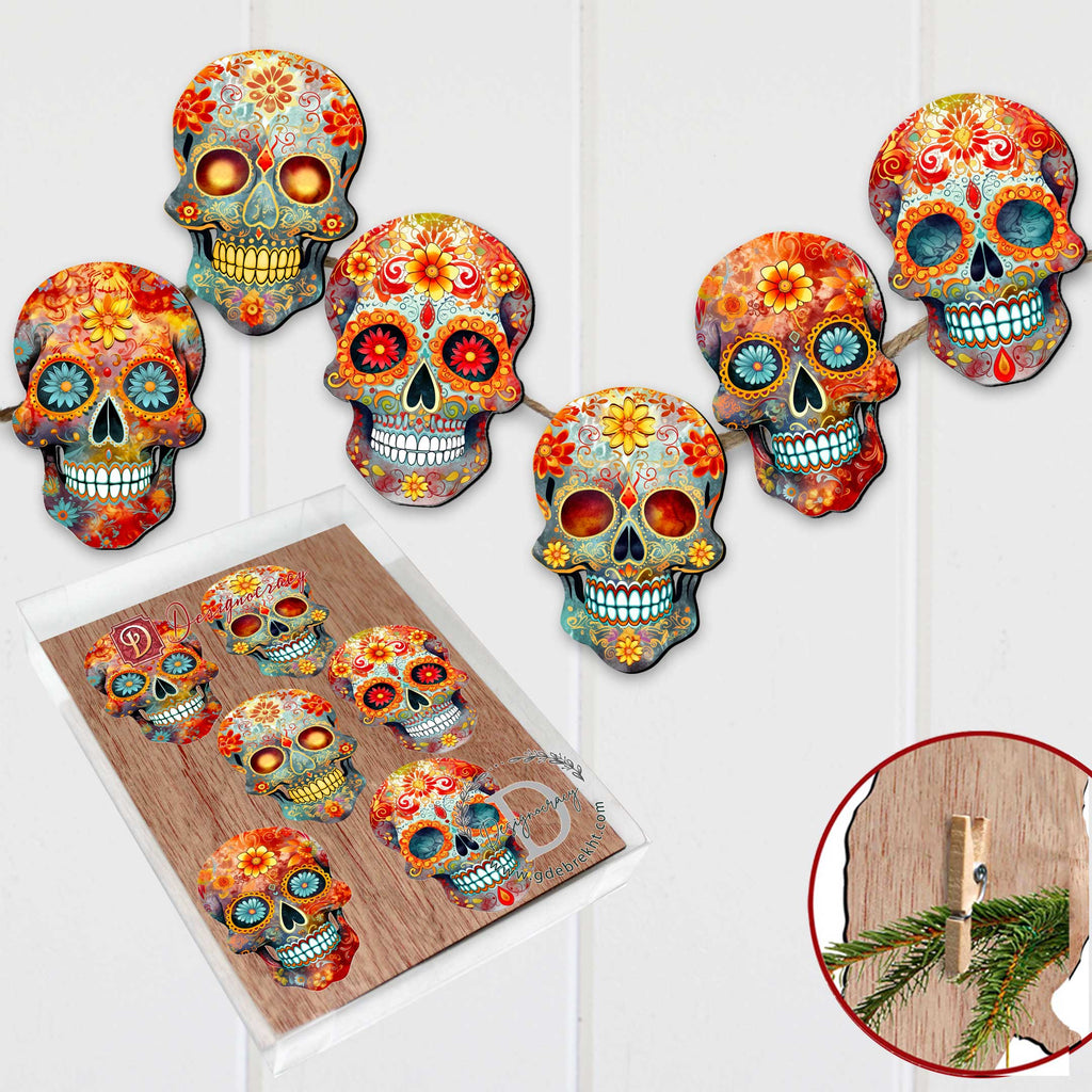 Sugar Skulls Clip-On Eco Wood Decorative Ornaments Set of 6 by G. Debrekht - Halloween Decor - 8090071C-S6