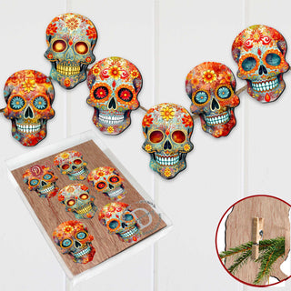 Sugar Skulls Clip-On Eco Wood Decorative Ornaments Set of 6 by G. Debrekht - Halloween Decor - 8090071C-S6