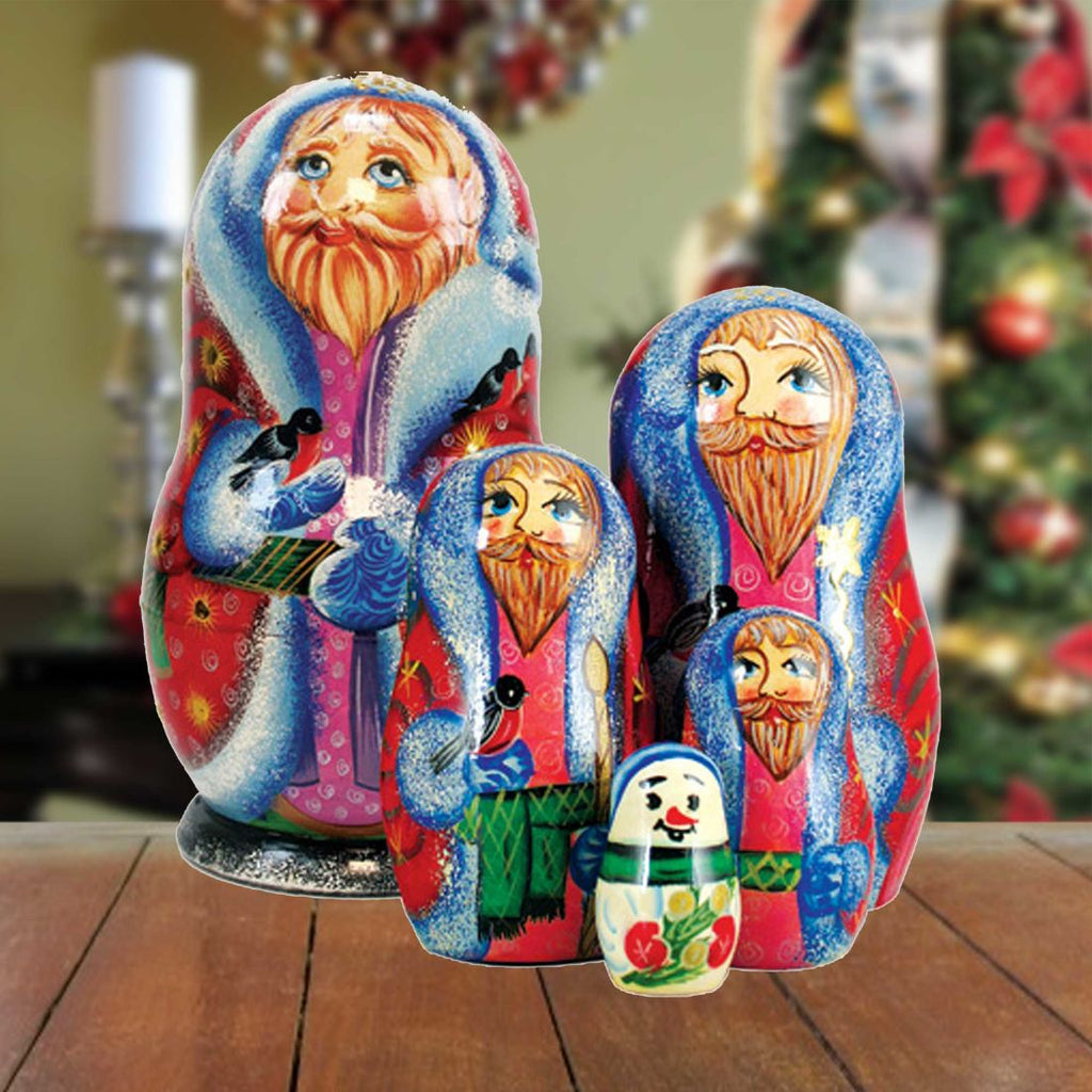 Santa Bird Lower Matreshka Nesting Hand-Painted Doll Set of 5 by G. DeBrekht - Christmas Santa Snowman Decor - 110071