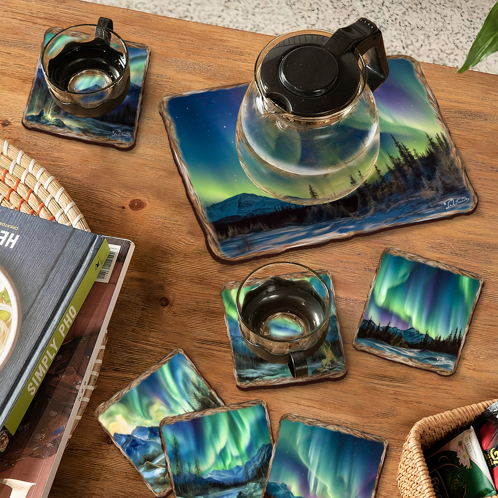 Northern Lights Wooden Cork Placemat and Coasters Gift Set of 7 by Nature Wonders Nature Wildlife Decor - 85401C-S7