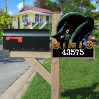 Black Cat Wooden Custom House Number Sign by Laura Seeley - Thanksgiving Halloween Decor - Handcrafted Wooden Address Sign - MA8512056-LS