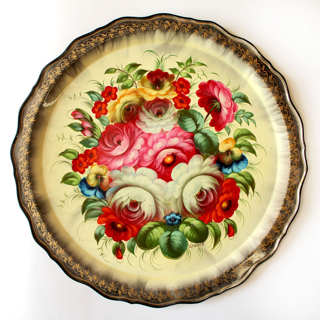 Authentic Zhostovo Hand-Painted Metal Tray - 17x17 - Floral Kitchenware and Gift A One-of-a-Kind Work of Art by G. Debrekht - Functional Kitchenware and Table Decor - Unique Wall Decor