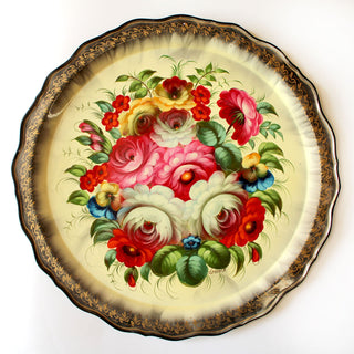 Authentic Zhostovo Hand-Painted Metal Tray - 17x17 - Floral Kitchenware and Gift A One-of-a-Kind Work of Art by G. Debrekht - Functional Kitchenware and Table Decor - Unique Wall Decor