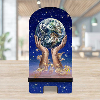 World In My Hands Cell Phone Stand Inspirational Decor Wood Mobile Tablet Holder Charging Station Organizer by Josephine Wall - 892081-JW