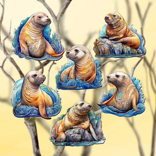Coastal Sea Lions Clip-On Eco Wood Decorative Ornaments Set of 6 by G. Debrekht - Wildlife Decor - 8090127C-S6