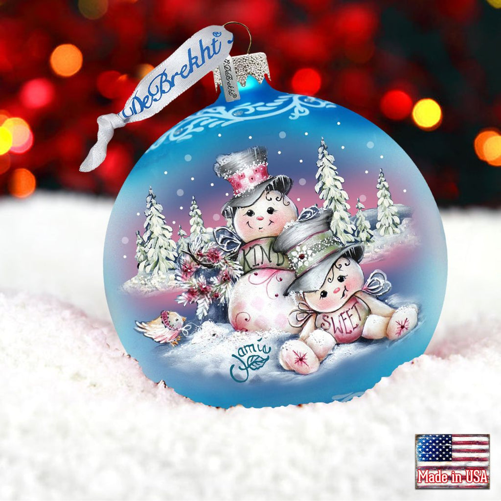 Kind Sweet Snowman Family Glass Ornament by Jamie Mills-Price - Christmas Santa Snowman Decor - 71201-0113