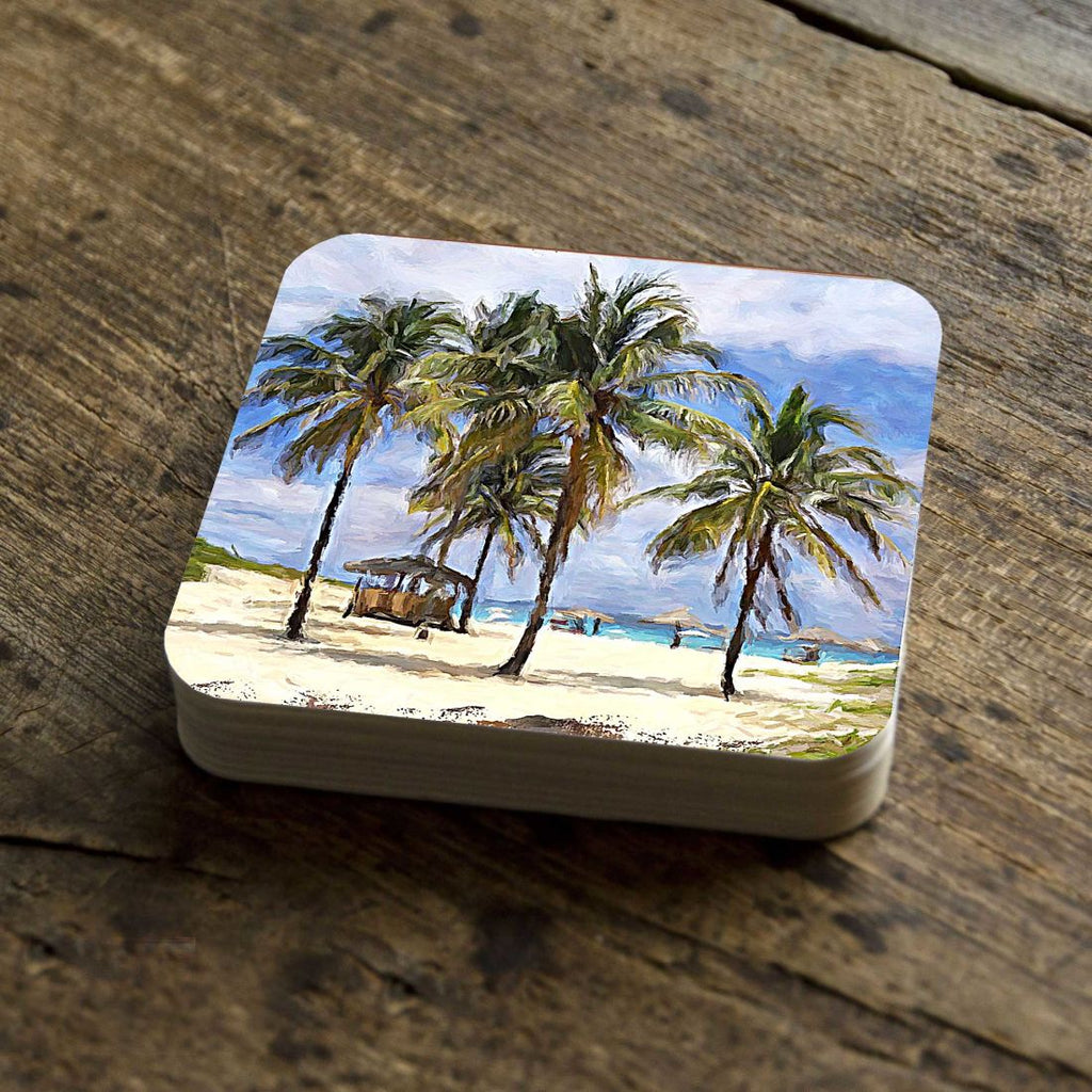 Palm Trees Beach Coastal Wooden Cork Coasters Gift Set of 4 by Nature Wonders - Coastal Sea-Life Decor - 95258C-S4