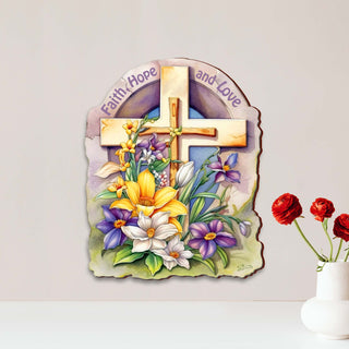 Faith, Hope, and Love Wooden Cross by G. Debrekht - Easter Spring Decor - 88160