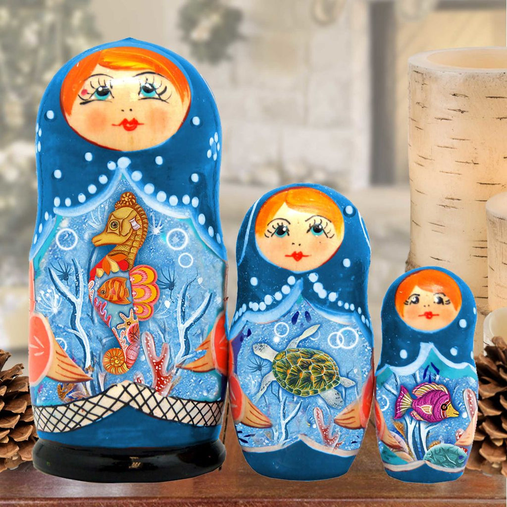 Little Fish Matreshka Nesting Hand-Painted Doll Set of 3 by G. DeBrekht - Coastal Holiday Decor - 14721