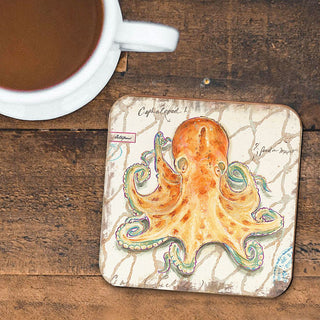 Octopus Coastal Wooden Cork Coasters Gift Set of 4 by Nature Wonders - Coastal Sea-Life Decor - 8198626C-S4