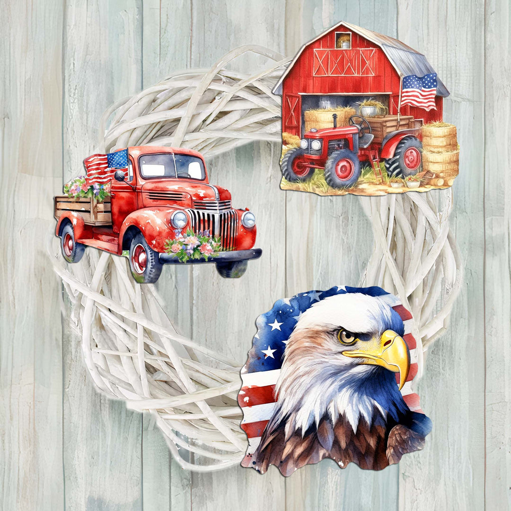 American flag Clip-On Eco Wood Decorative Ornaments Set of 3 by G. Debrekht - Patriotic Decor - 8091002C-S3