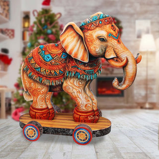 Enchanting Elephant on Wheels Limited Edition Wooden Figurine by G. Debrekht - Christmas Centerpiece Decor - 89309