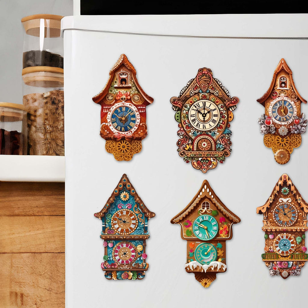 Miniature clock Decorative Eco Wood Magnets Set of 6 by G. Debrekht - Christmas Decor - 8090020G-S6