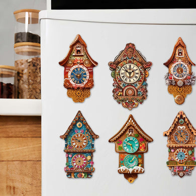 Miniature clock Decorative Eco Wood Magnets Set of 6 by G. Debrekht - Christmas Decor - 8090020G-S6