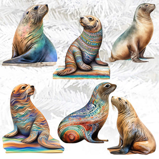 Magic Sea Lions Clip-On Eco Wood Decorative Ornaments Set of 6 by G. Debrekht - Wildlife Decor - 8090112C-S6