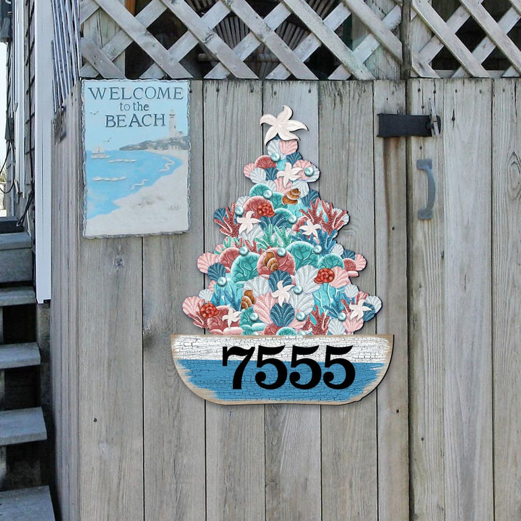 Coastal Tree Boat Personalized House Number Sign by G. Debrekht - Coastal Sea-Life Decor - Handcrafted Wooden Address Sign - MA81931492