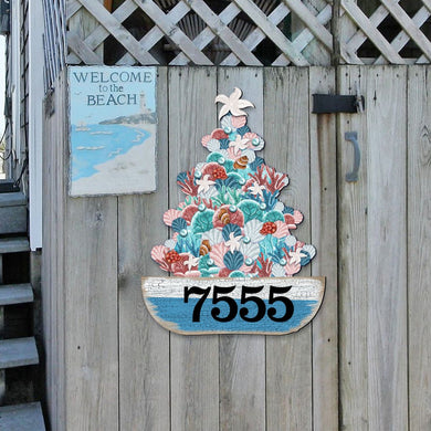 Coastal Tree Boat Personalized House Number Sign by G. Debrekht - Coastal Sea-Life Decor - Handcrafted Wooden Address Sign - MA81931492