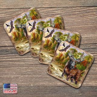 Moose Wooden Cork Coasters Gift Set of 4 by Nature Wonders - Nature Wildlife Decor - 95216-2C-S4