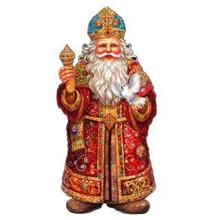 a statue of santa claus holding a bird