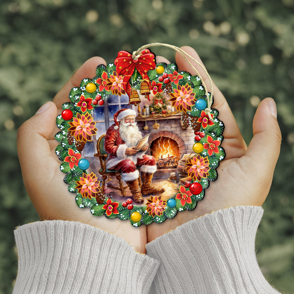 Santa at the Fireplace Wreath Wooden Ornaments by G. Debrekht Christmas Santa Snowman Decor - 8611089-2