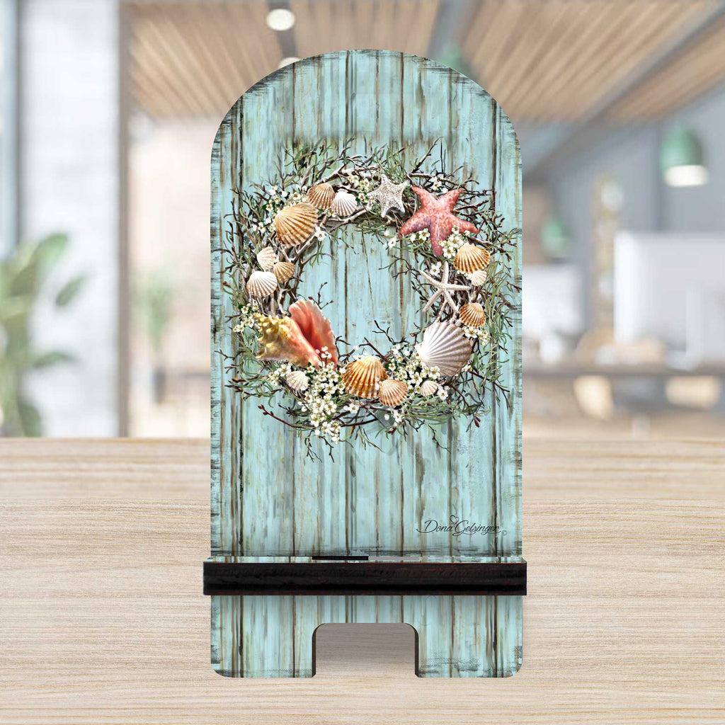 Shells Coastal Wreath Cell Phone Stand Wood Mobile Tablet Holder Charging Station Organizer - 892099-DG