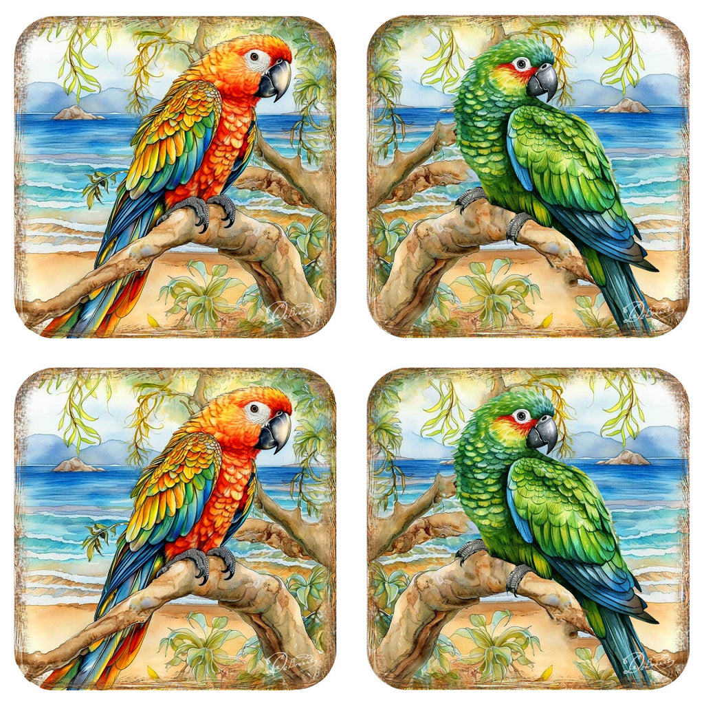 Parrots Wooden Cork Coasters Gift Set of 4 by G. Debrekht - Coastal Holiday Decor - 8199451C-S4