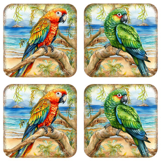Parrots Wooden Cork Coasters Gift Set of 4 by G. Debrekht - Coastal Holiday Decor - 8199451C-S4