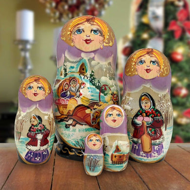Winter Fun Matreshka Nesting Hand-Painted Dolls Set of 5 by G. DeBrekht - Christmas Decor - 140069