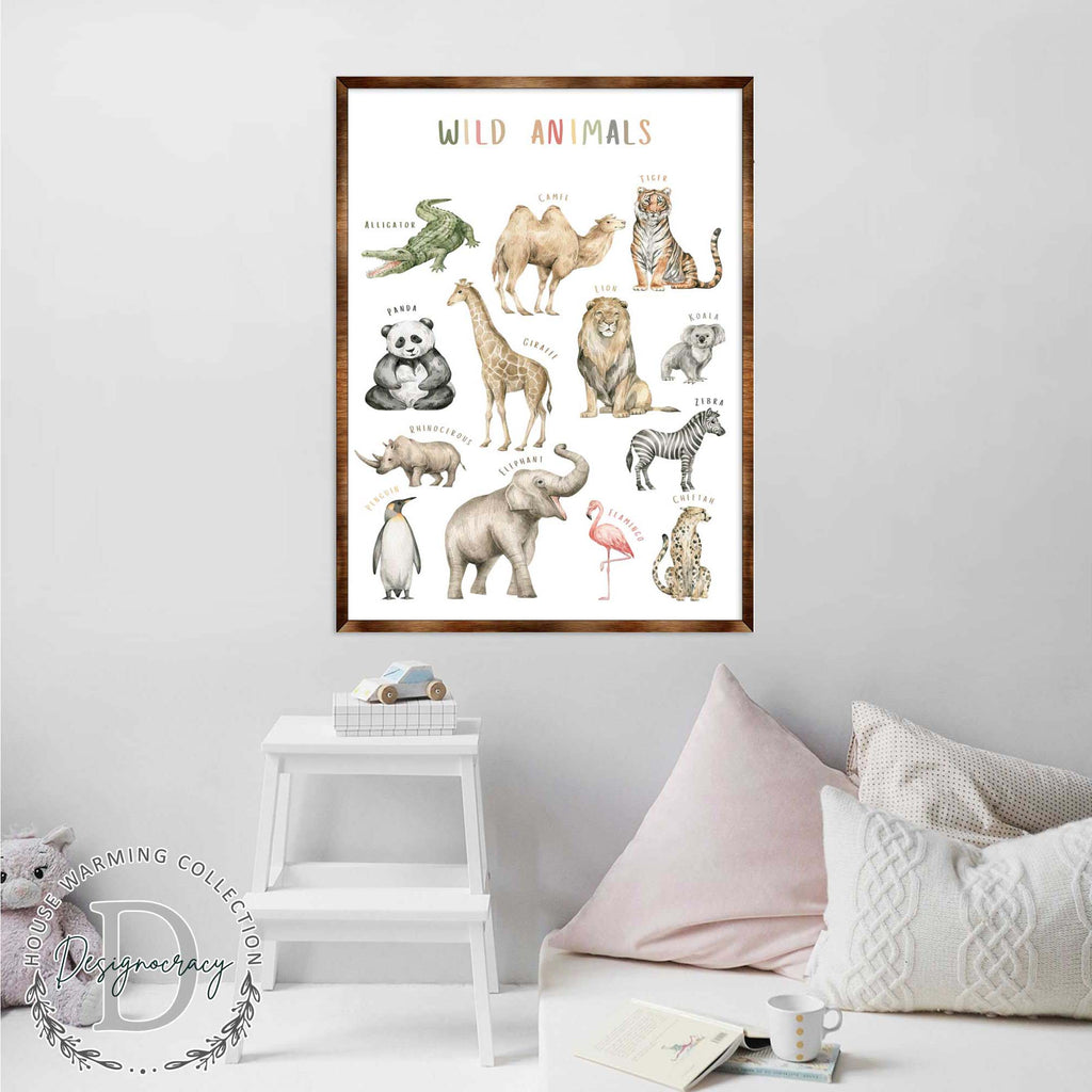 Wild Animals Kids Room Decor - Montessori Wooden Poster - Homeschool I Educational Poster - Classroom Decor - Playroom Art - 310219