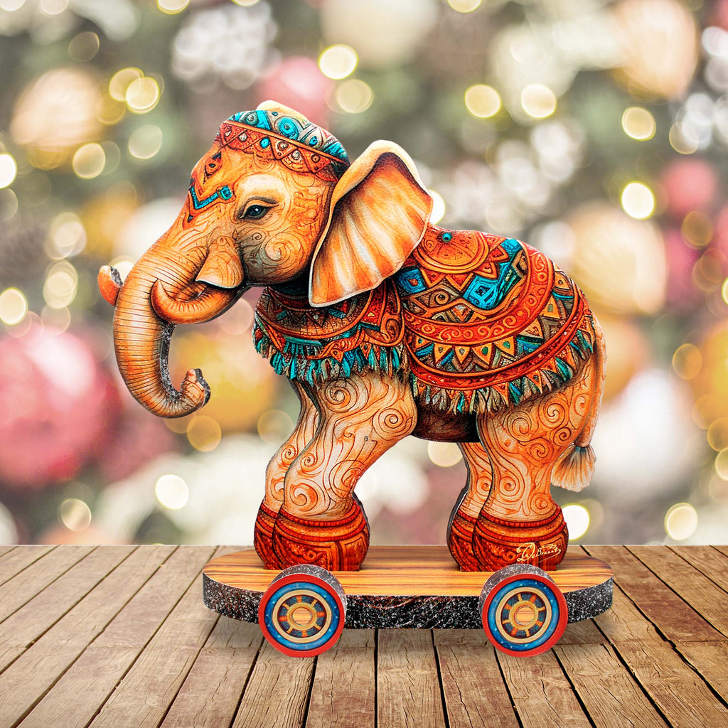 Enchanting Elephant on Wheels Limited Edition Wooden Figurine by G. Debrekht - Christmas Centerpiece Decor - 89309