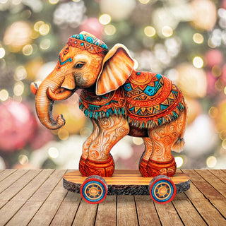 Enchanting Elephant on Wheels Limited Edition Wooden Figurine by G. Debrekht - Christmas Centerpiece Decor - 89309