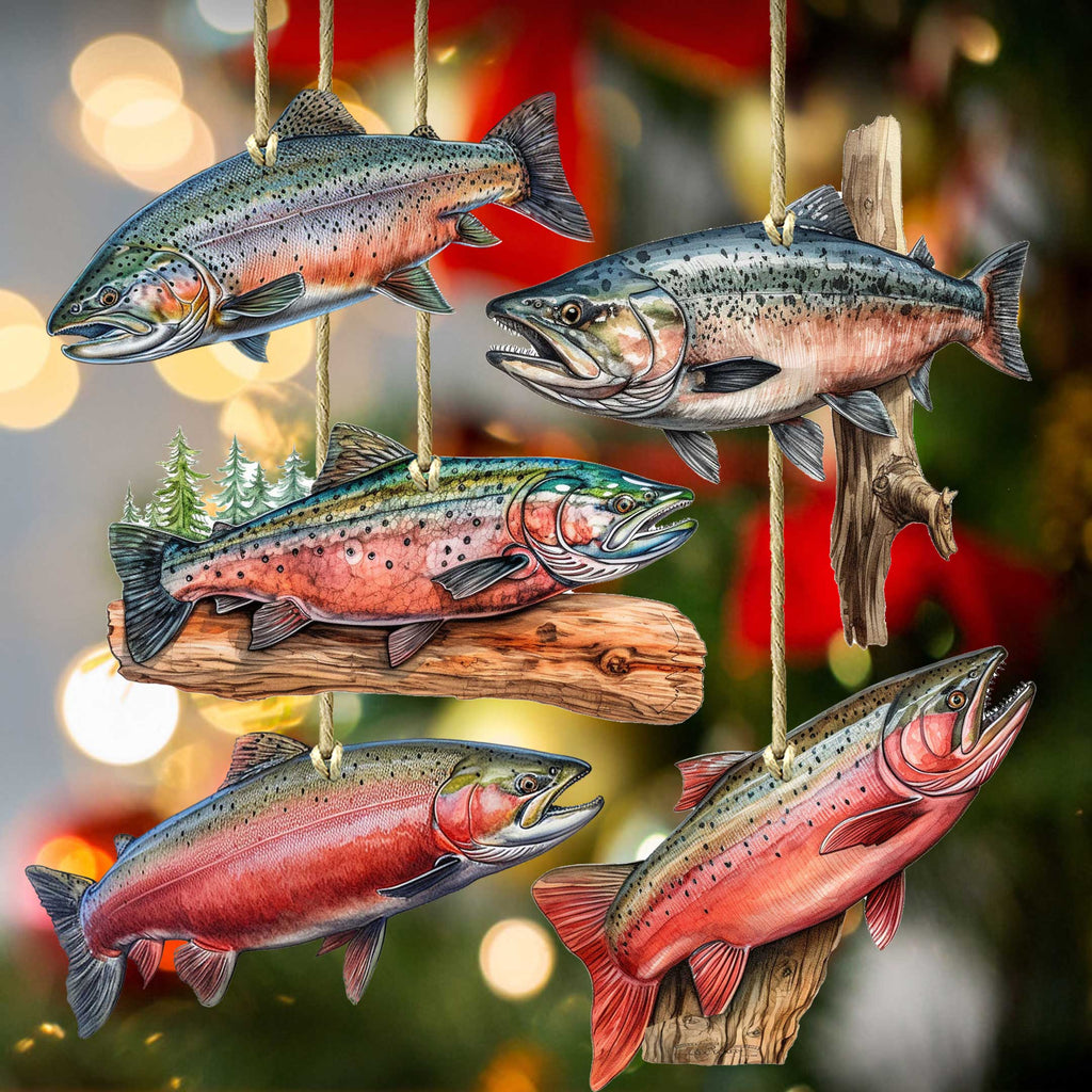 Alaskan Salmon Eco Wood Ornaments Set of 5 by G. Debrekht - Wildlife Holiday Decor - 8091322S5