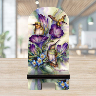 A wooden stand displaying a vibrant painting of purple flowers and hummingbirds.