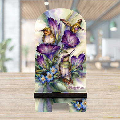 A wooden stand displaying a vibrant painting of purple flowers and hummingbirds.