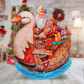 Charming Santa Riding Goose Limited Edition Wooden Figurine Centerpiece by G. Debrekht - Christmas Decor - 89314