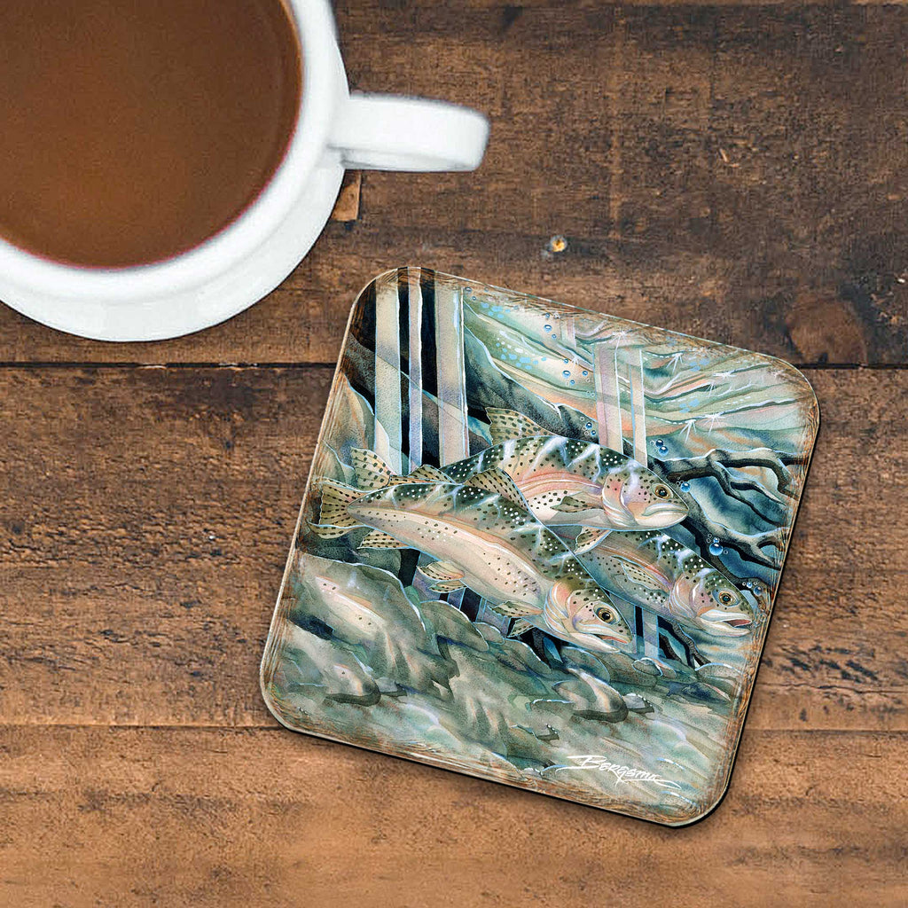 Catch the Rainbow Trout Wooden Cork Coasters Gift Set of 4 by J. Bergsma - Coastal Wildlife Decor - 8199463C-S4