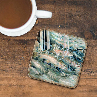 Catch the Rainbow Trout Wooden Cork Coasters Gift Set of 4 by J. Bergsma - Coastal Wildlife Decor - 8199463C-S4