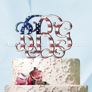 Wedding Cake Topper - Wooden Cake Topper - Custom Three Letter Vine Wooden Monogram - Patriotic Americana - 4th of July
