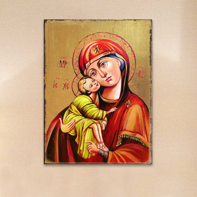 Vladimir Virgin Mary Wooden Gold Plated Religious Orthodox Sacred Icon - Inspirational Icon Decor - 85011